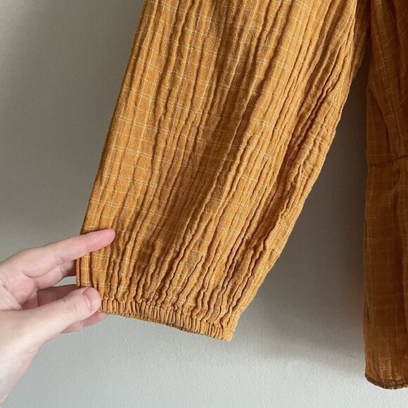 Madewell Women XS Gold Windowpane Lightspun Millbrook Puff-Sleeve Peplum Top - Picture 4 of 9